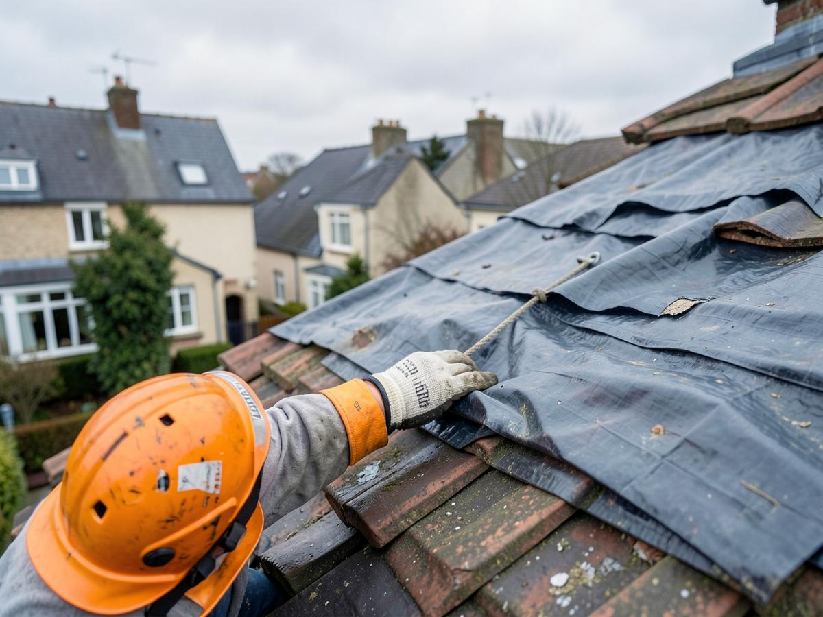 Bâche de protection posée sur des tuiles endommagées par un professionnel équipé